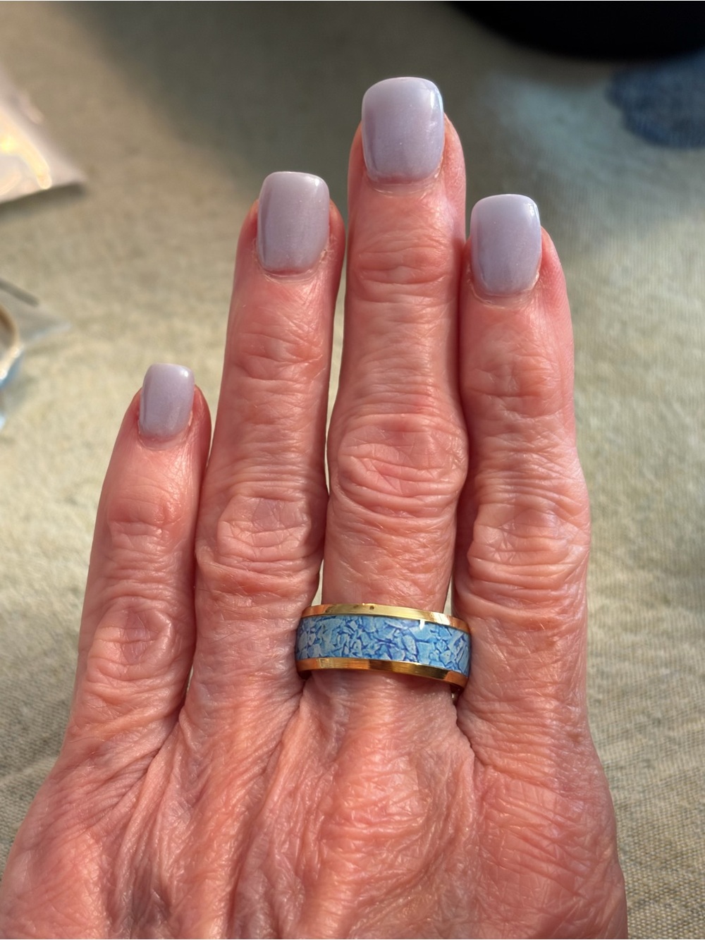 Blue Marble Inlay Gold Tone Wide Band Ring Sizes 8 & 13